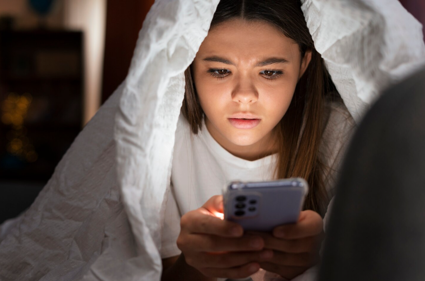 Psychology of doomscrolling shown by a person scrolling phone at night