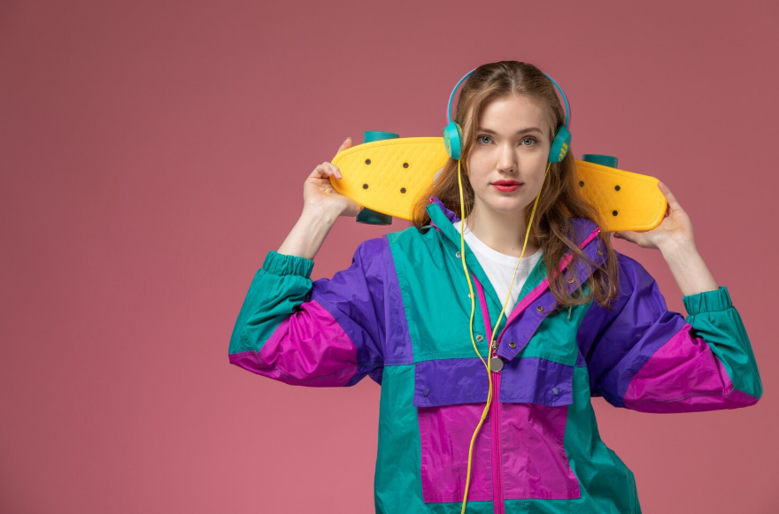 Dopamine dressing search trend shown by a person wearing bright, expressive clothing